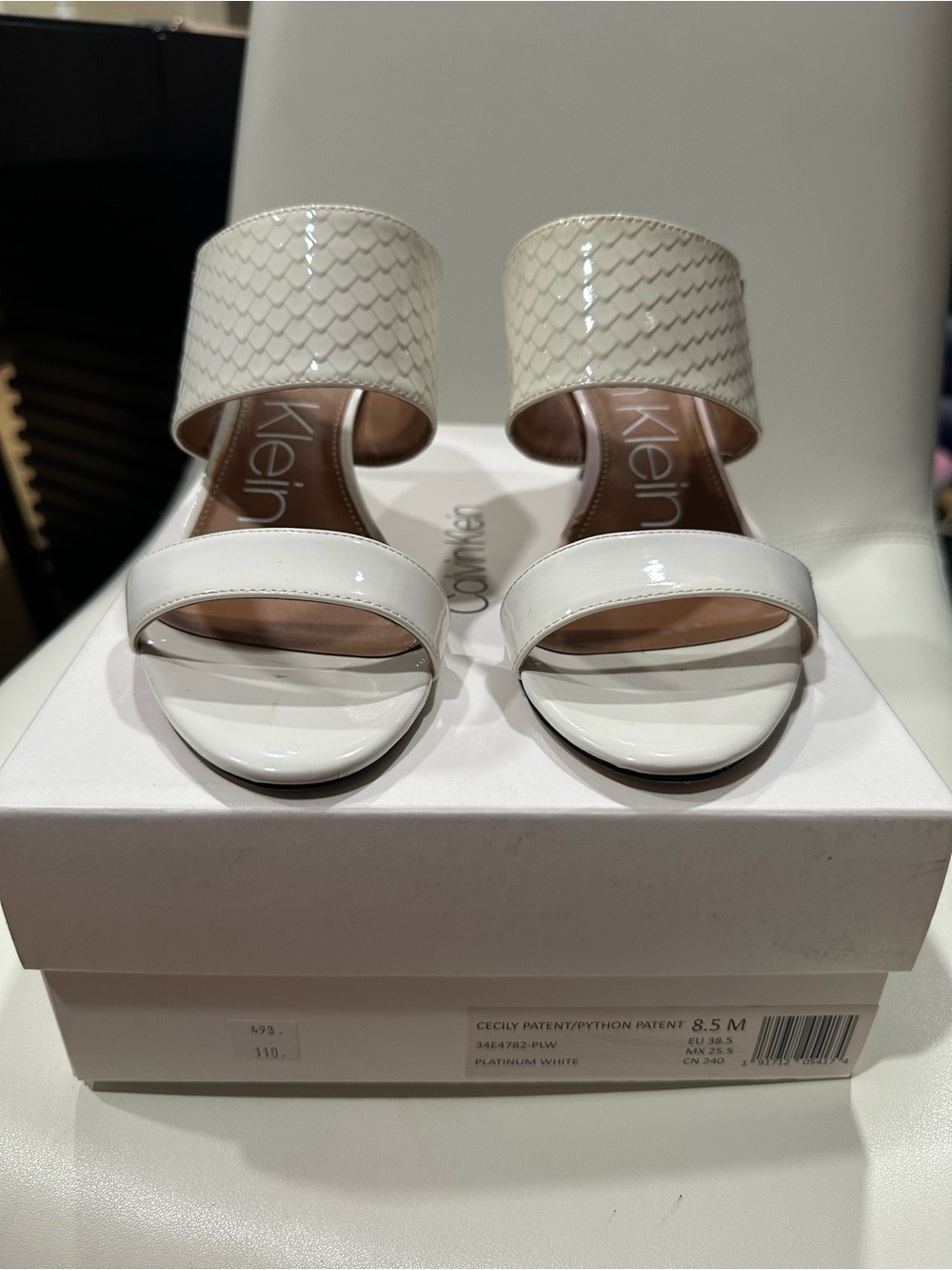 Calvin Klein White Patent Two-Strap Slide Mules
